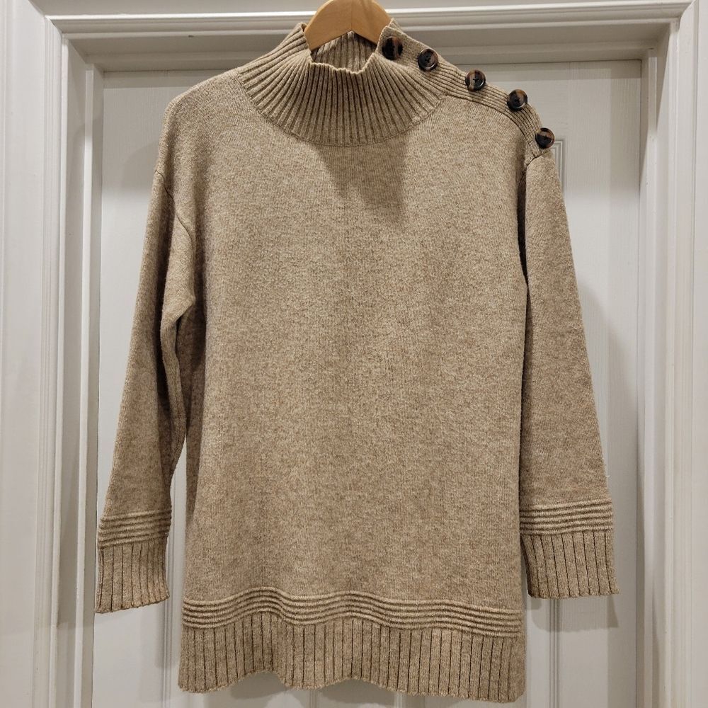 Anthropologie Margarita Tunic Sweater, button shoulder mock neck, sz Sm